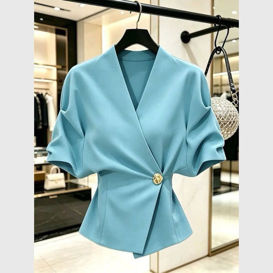 Blusa Executive Plissada com Decote em V